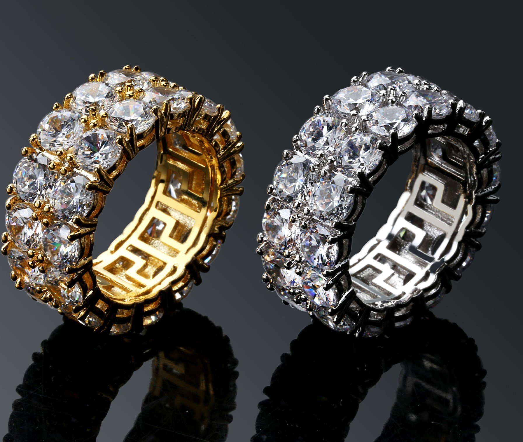 Hip-hop men's ring with double rows of tiny rings and a large cubic zirconia stone, plated in 18K gold.