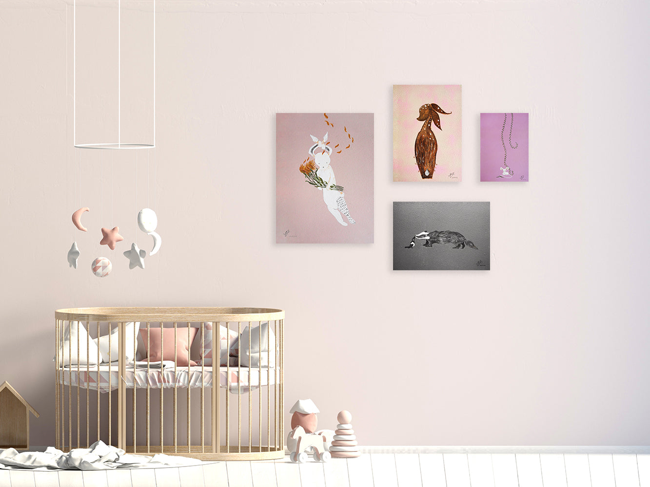 HIIRI sellutaulu A5 featuring a cute mouse design on a violet background, perfect for children's room decor.