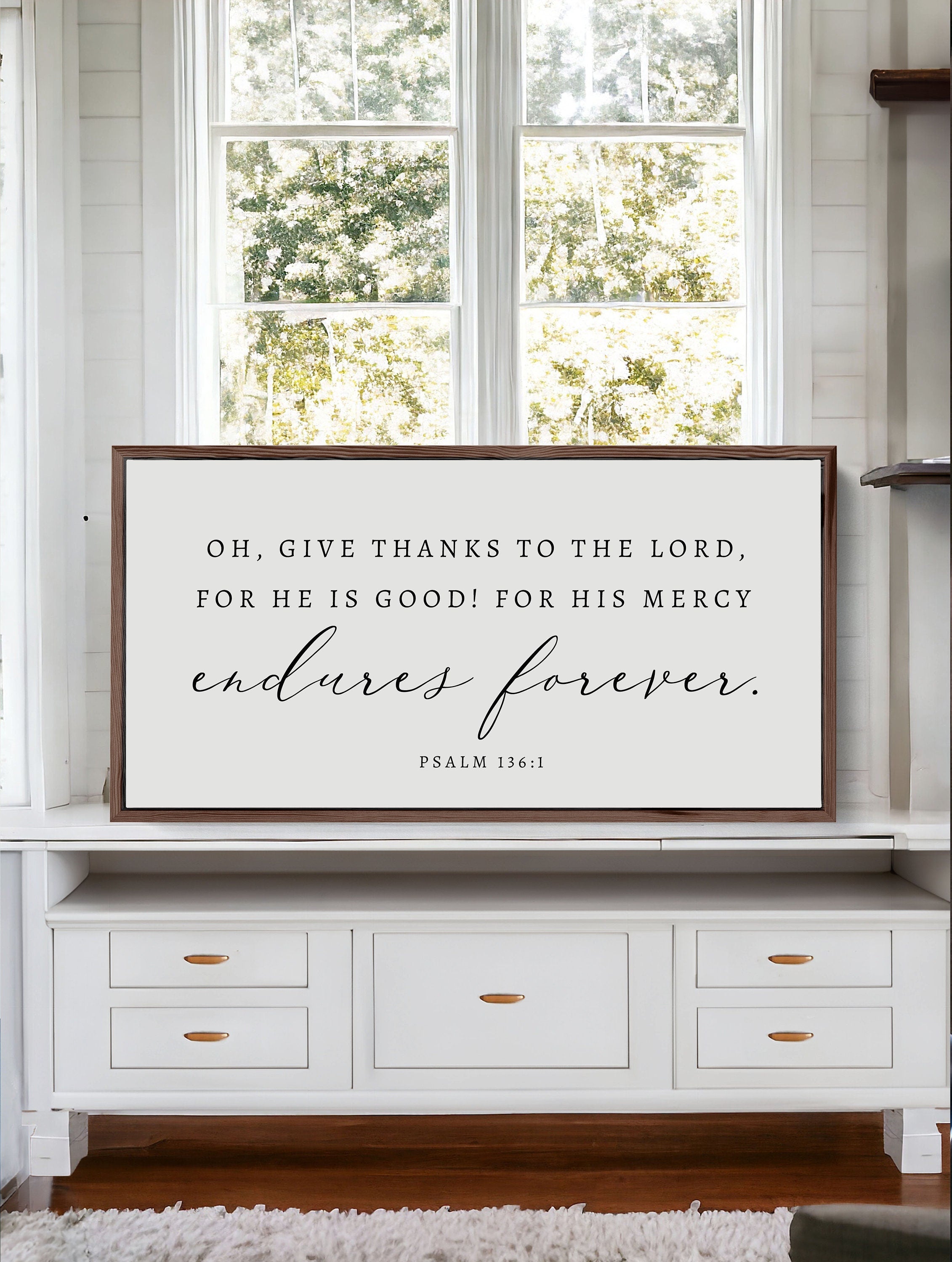 Handmade wood sign featuring the scripture 'His Mercy Endures Forever' from Psalm 136:1, showcasing a rustic design with customizable frame options.