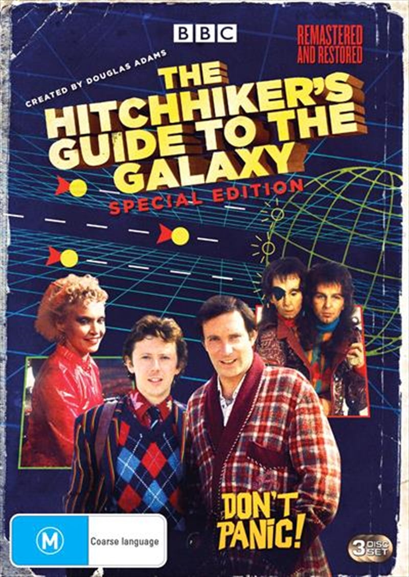 The Hitchhikers Guide To The Galaxy DVD cover featuring iconic characters and cosmic imagery.