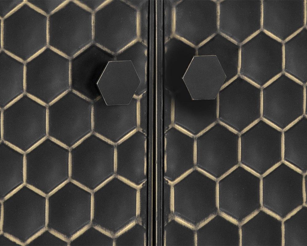 Large Hive Sideboard featuring a honeycomb pattern with black iron cabinets and brass finish, handcrafted by local artisans.