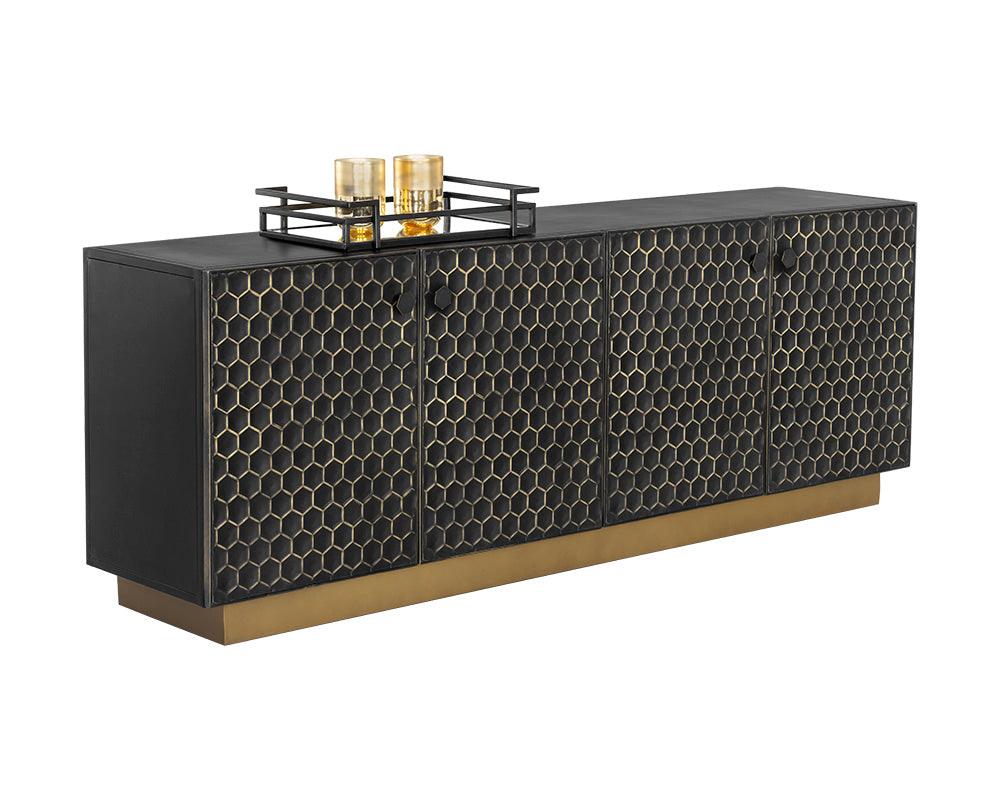 Large Hive Sideboard featuring a honeycomb pattern with black iron cabinets and brass finish, handcrafted by local artisans.