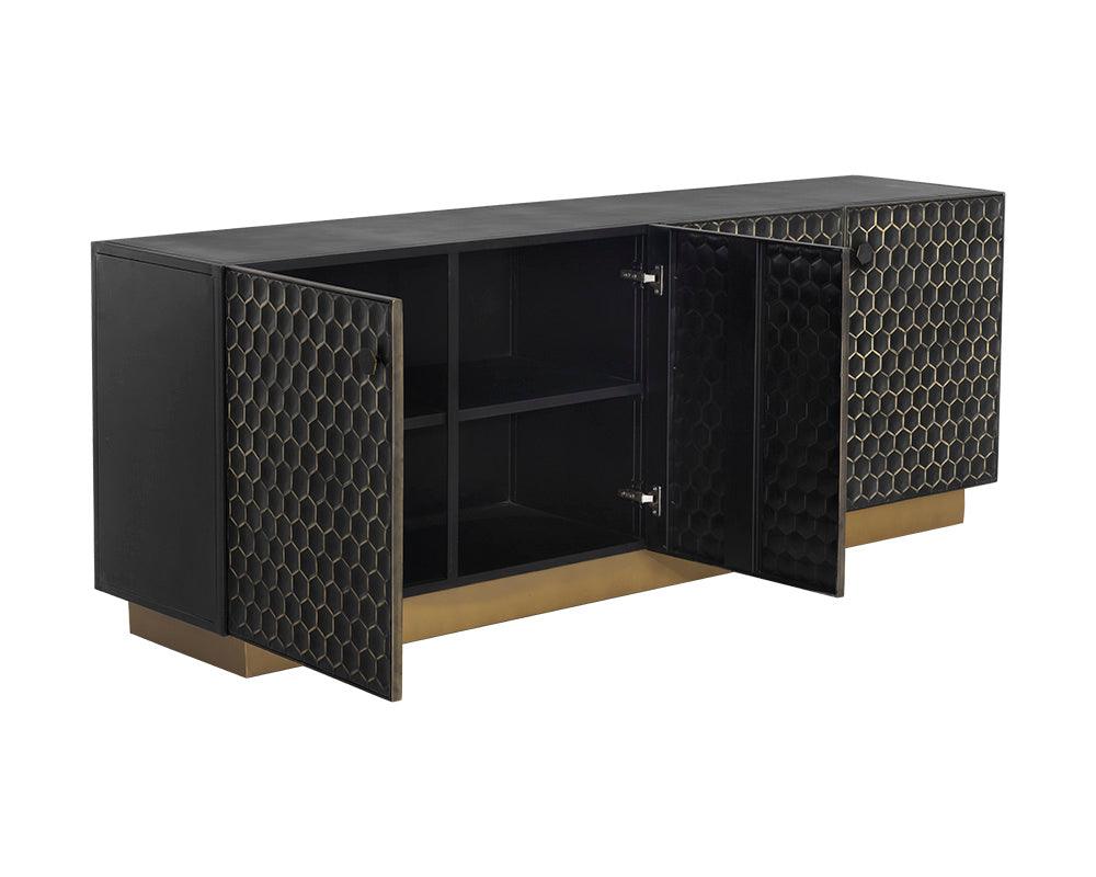 Large Hive Sideboard featuring a honeycomb pattern with black iron cabinets and brass finish, handcrafted by local artisans.