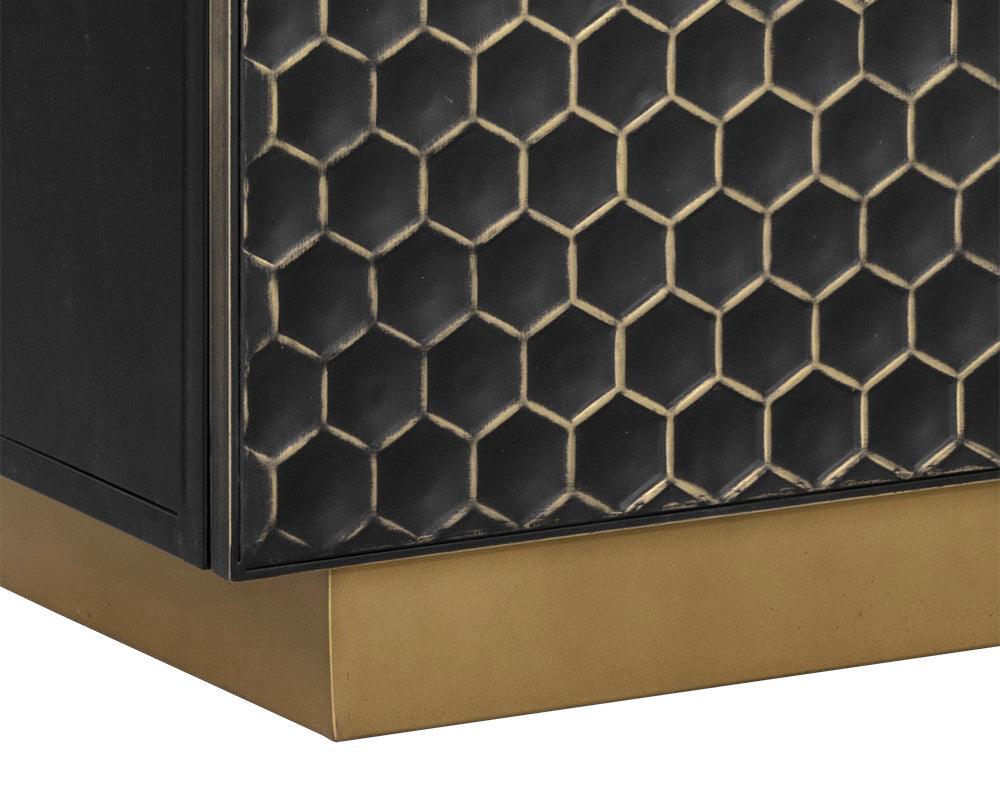 Large Hive Sideboard featuring a honeycomb pattern with black iron cabinets and brass finish, handcrafted by local artisans.