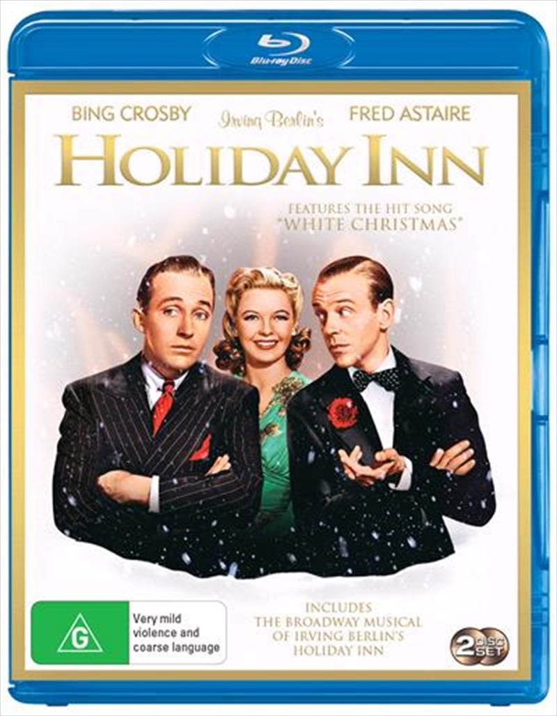 Blu-ray cover of 'Holiday Inn' featuring both B/W and Colour versions with festive imagery.