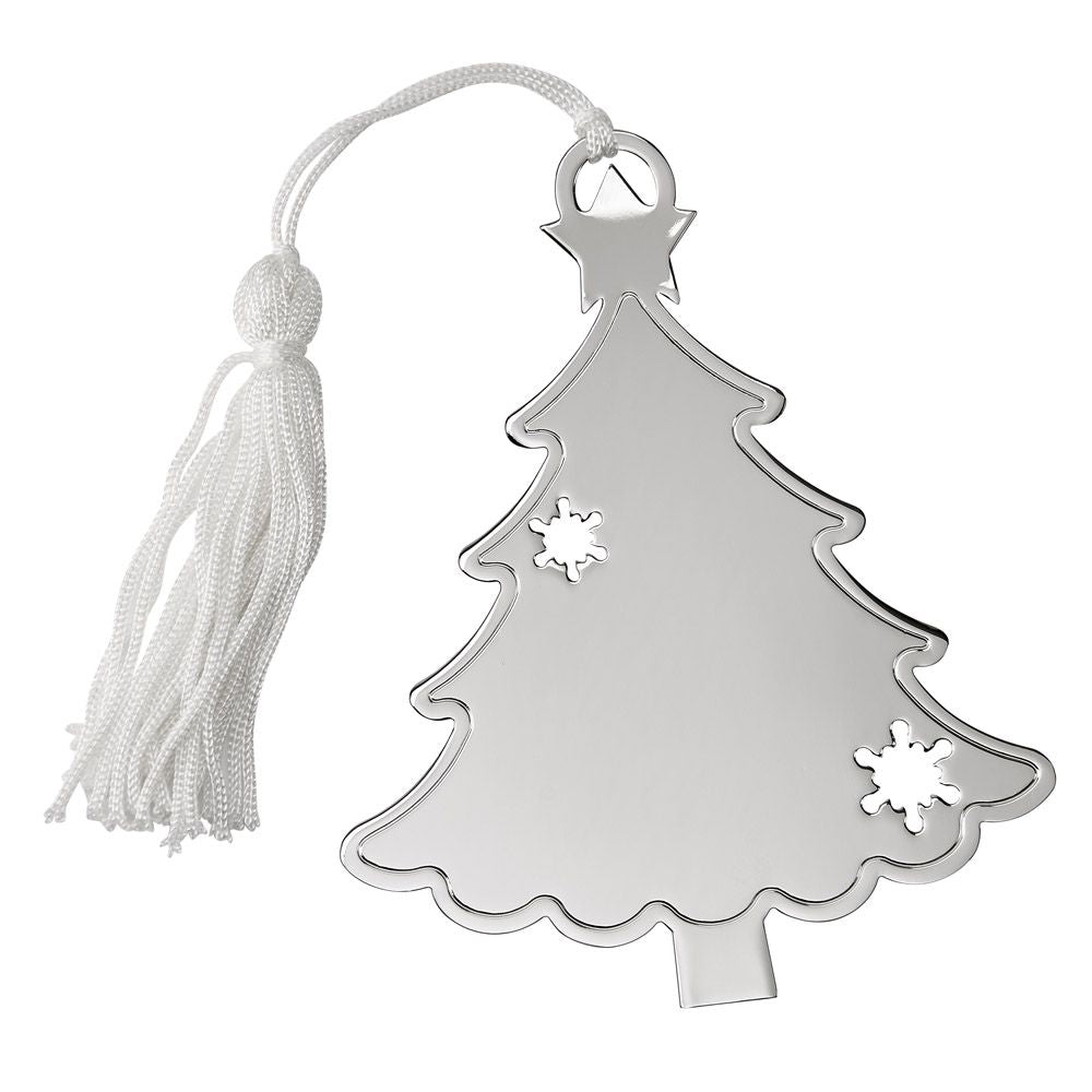 Holiday tree shaped ornament featuring snowflake cutouts, with a bright nickel plated finish and a white tassel.