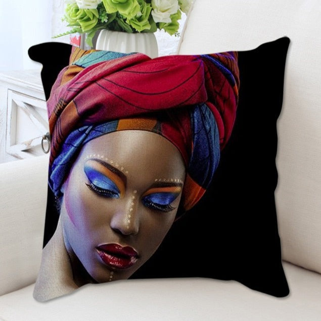 A plush cushion cover featuring a vibrant African woman portrait, showcasing cultural elegance and artistic design.