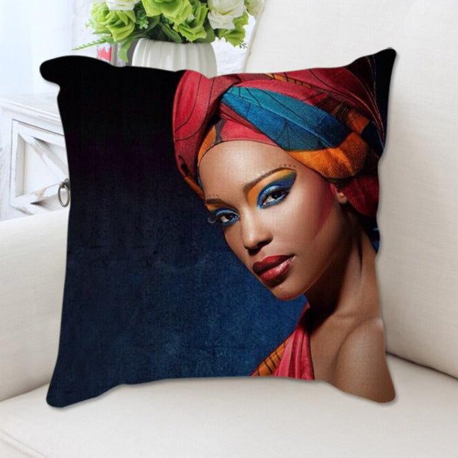 A plush cushion cover featuring a vibrant African woman portrait, showcasing cultural elegance and artistic design.