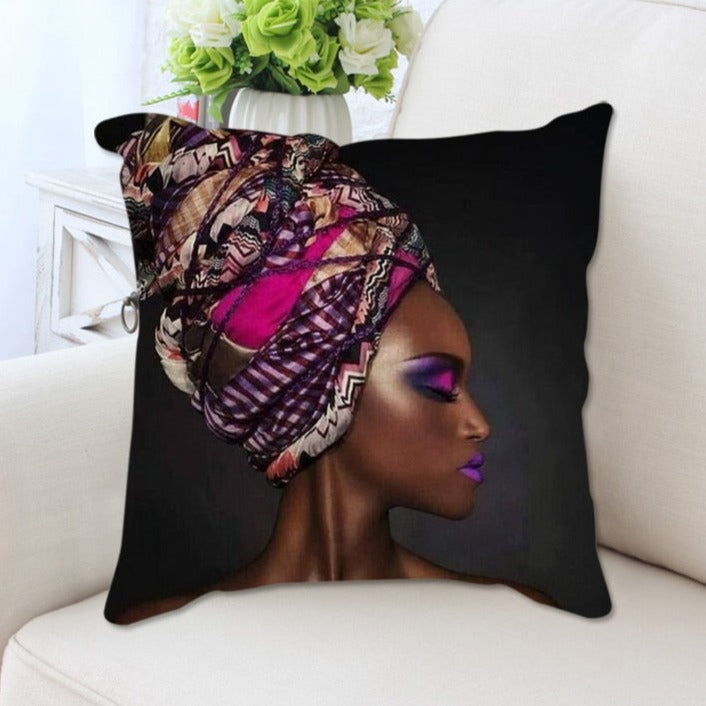 A plush cushion cover featuring a vibrant African woman portrait, showcasing cultural elegance and artistic design.