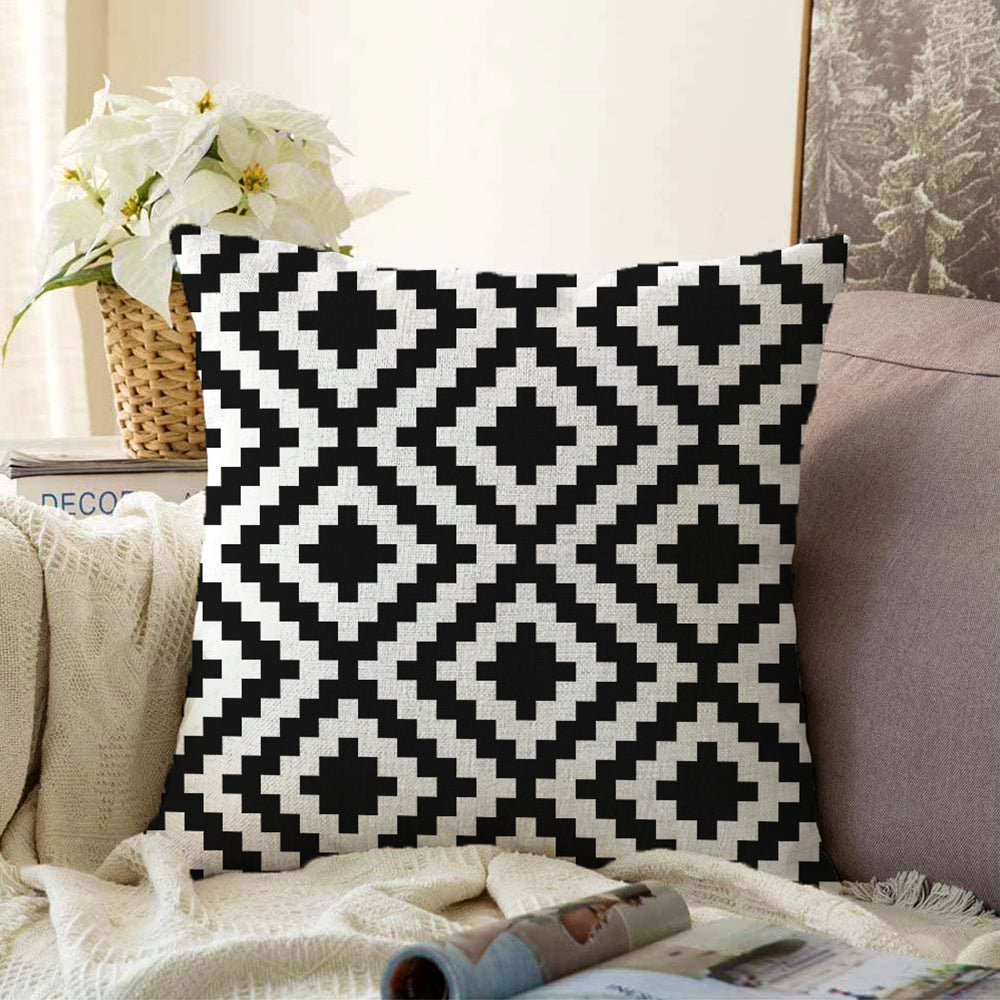 Stylish black and white decorative throw pillow cover with zipper, suitable for indoor and outdoor use.