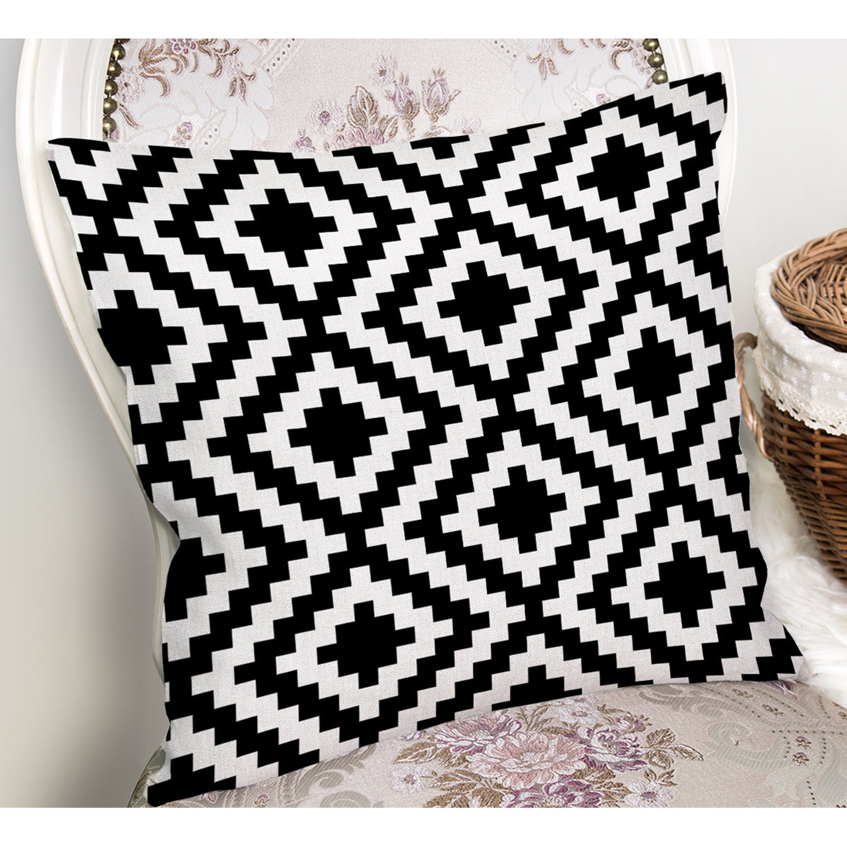 Stylish black and white decorative throw pillow cover with zipper, suitable for indoor and outdoor use.