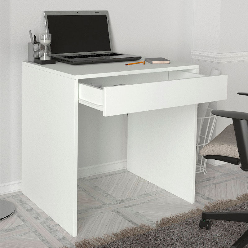 Home Desk LUANA in white melamine finish, featuring a spacious drawer and modern design, ideal for home and office use.