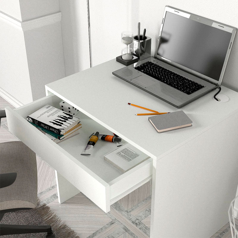 Home Desk LUANA in white melamine finish, featuring a spacious drawer and modern design, ideal for home and office use.