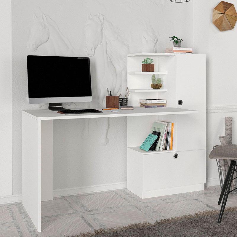 Home Desk Set CLARICE in white melamine, featuring spacious design and eco-friendly materials.