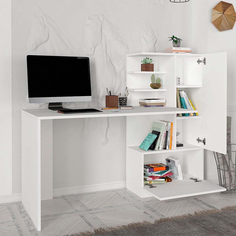 Home Desk Set CLARICE in white melamine, featuring spacious design and eco-friendly materials.