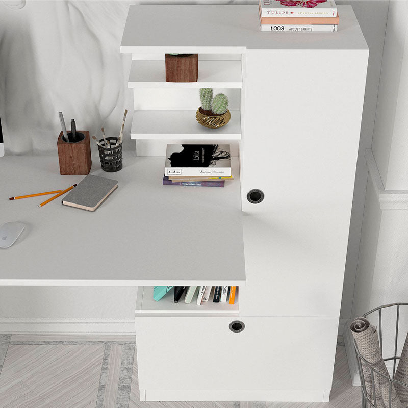 Home Desk Set CLARICE in white melamine, featuring spacious design and eco-friendly materials.