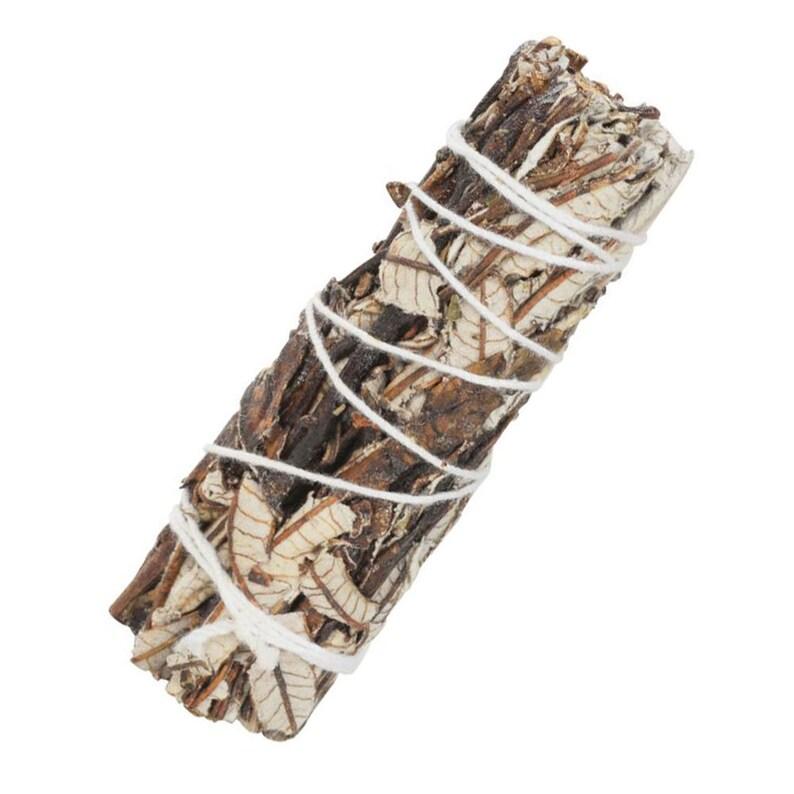 A 3-inch bundle of Yerba Santa smudging herb sticks tied with cotton string, showcasing its natural texture and earthy color.