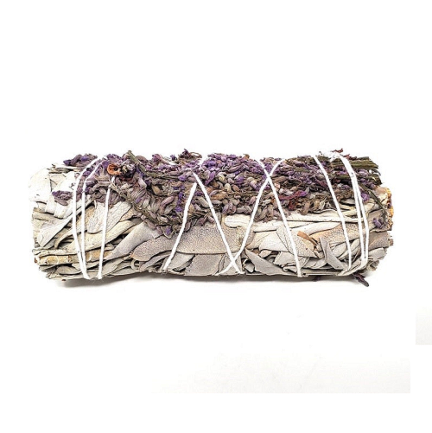 A 4-inch White Sage and Royal Lavender Flower smudge stick, beautifully packaged in a sheer organza bag, ideal for cleansing rituals.