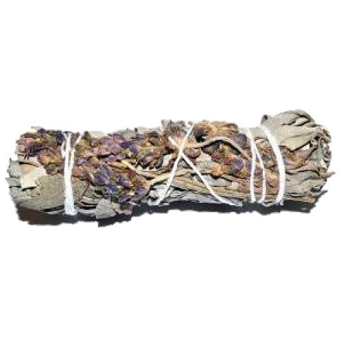 A 4-inch White Sage and Royal Lavender Flower smudge stick, beautifully packaged in a sheer organza bag, ideal for cleansing rituals.