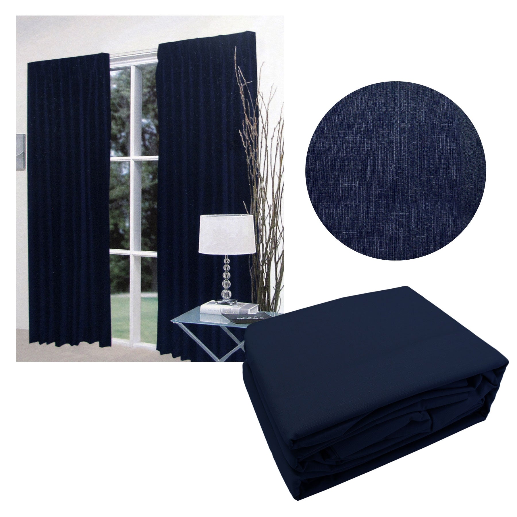 Pair of navy faux linen blockout pinch pleat curtains, showcasing elegant jacquard design and heavy fabric for insulation.