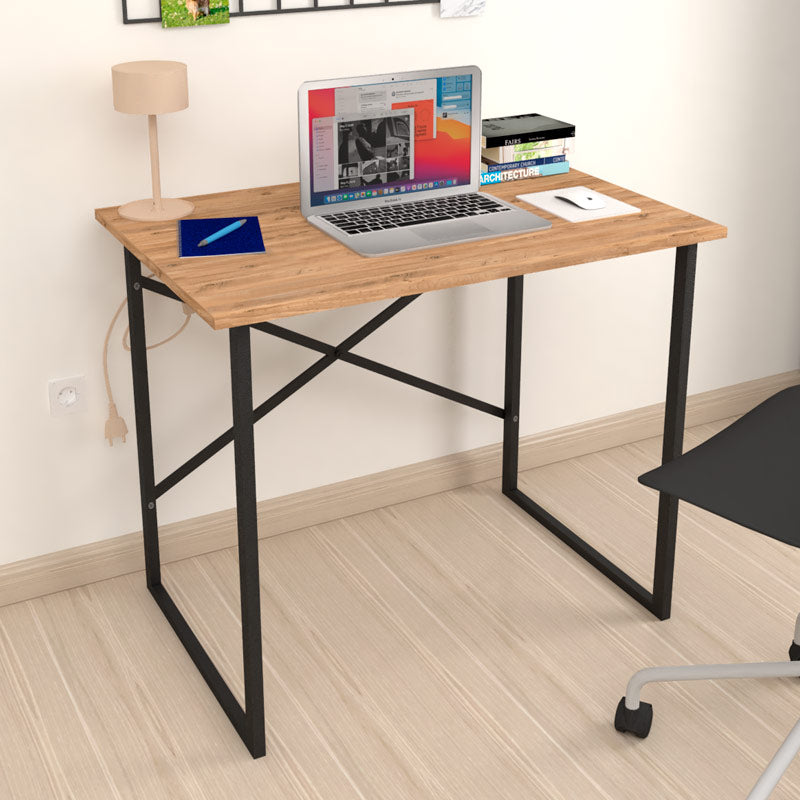 HOME Pine Oak Home Office Desk with oak finish, measuring 90x60x75 cm, featuring a durable melamine surface and metal frame.