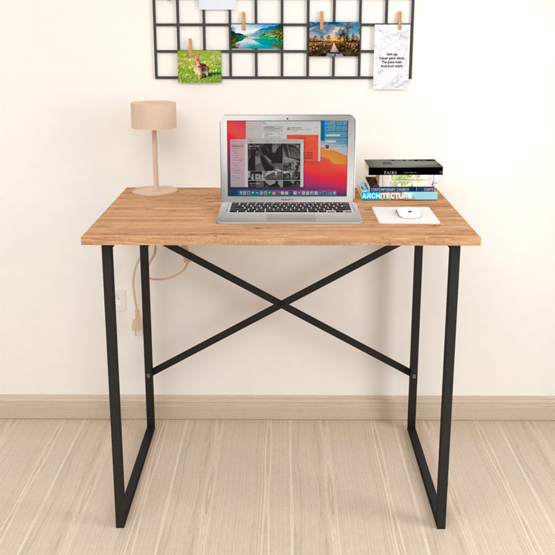 HOME Pine Oak Home Office Desk with oak finish, measuring 90x60x75 cm, featuring a durable melamine surface and metal frame.