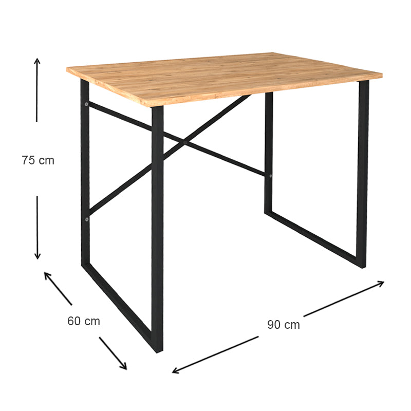 HOME Pine Oak Home Office Desk with oak finish, measuring 90x60x75 cm, featuring a durable melamine surface and metal frame.