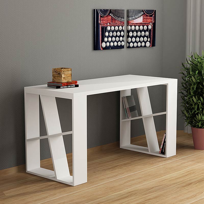 VALDI White Home Office Desk with melamine finish, dimensions 137x60x75 cm, featuring a sleek design and sturdy legs that can serve as a shelf.