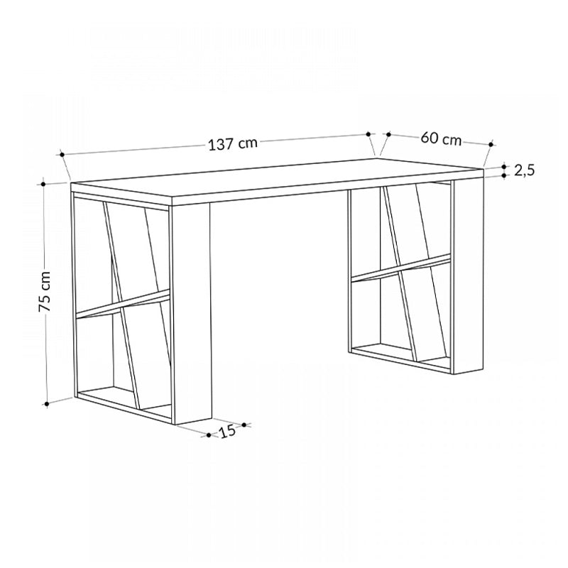 VALDI White Home Office Desk with melamine finish, dimensions 137x60x75 cm, featuring a sleek design and sturdy legs that can serve as a shelf.