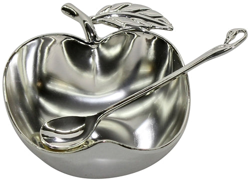 Elegant silver plated honey dish with matching spoon, 4 inches in diameter.