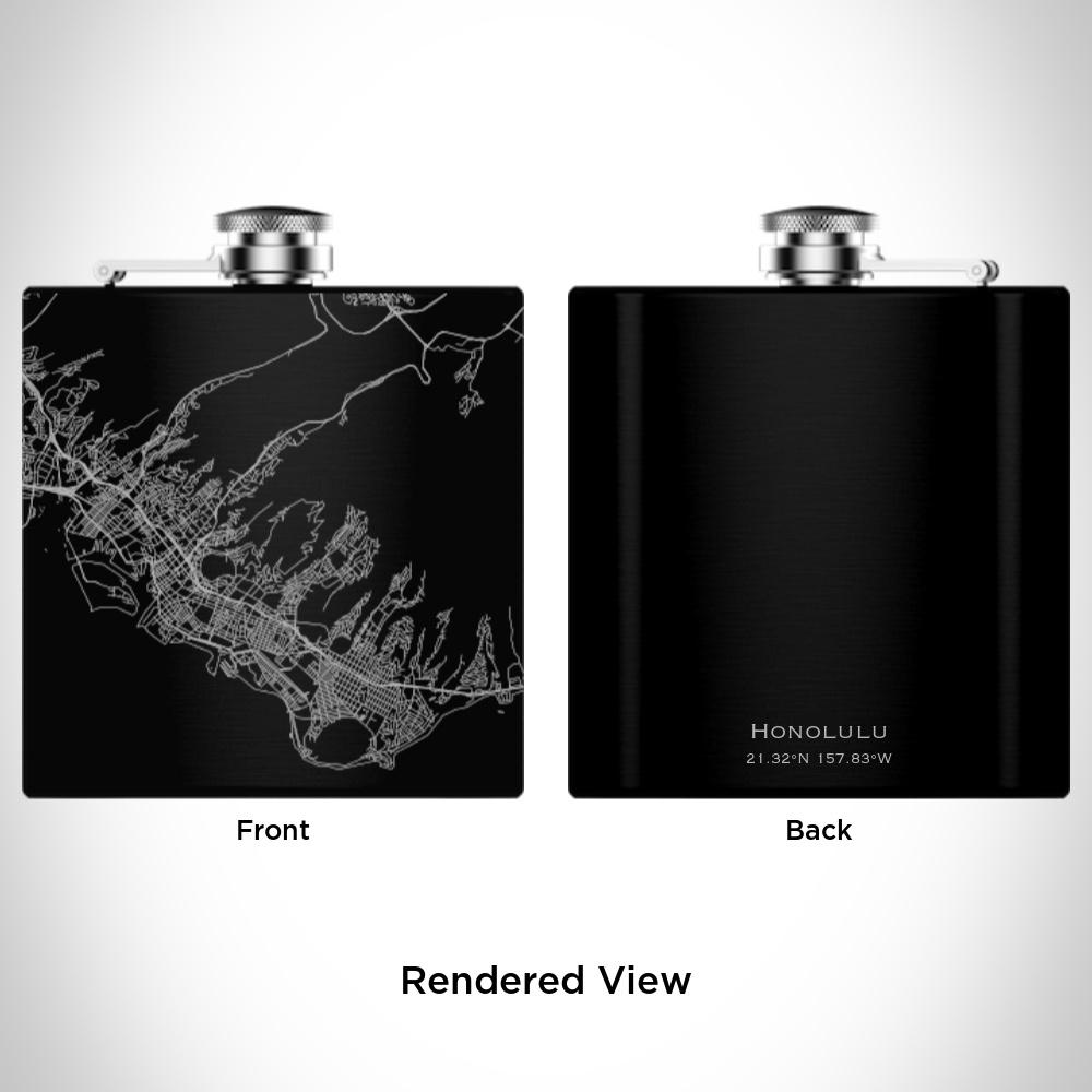 Matte black hip flask featuring a custom engraved map of Honolulu, Hawaii with coordinates, accompanied by a canvas bag and funnel.