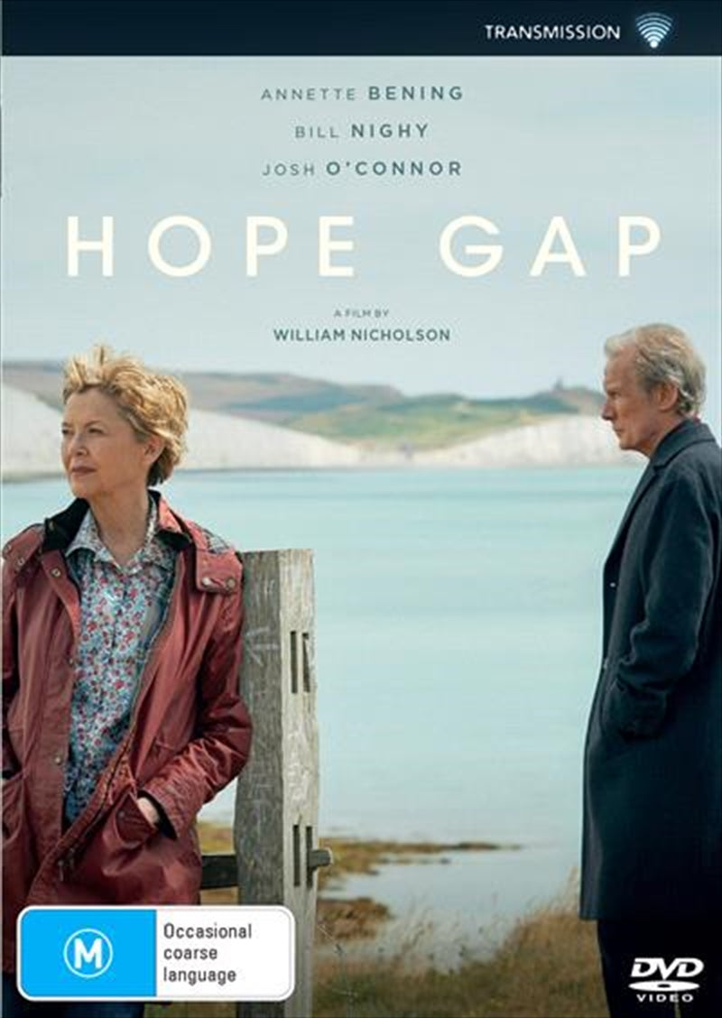 Hope Gap DVD cover featuring Annette Bening and Bill Nighy in a dramatic pose, set against a coastal backdrop.