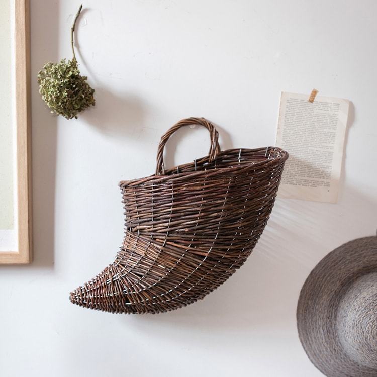 Horn Shape Willow Hanging Basket Planter in brown, showcasing its unique design and natural material.