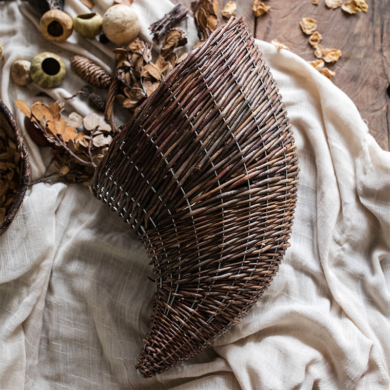 Horn Shape Willow Hanging Basket Planter in brown, showcasing its unique design and natural material.