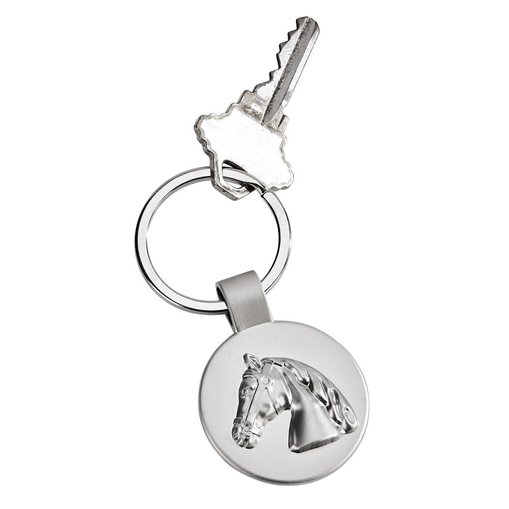 A stylish pewter Horse Head Keychain with a raised design, perfect for equestrian lovers, displayed in a black gift box.