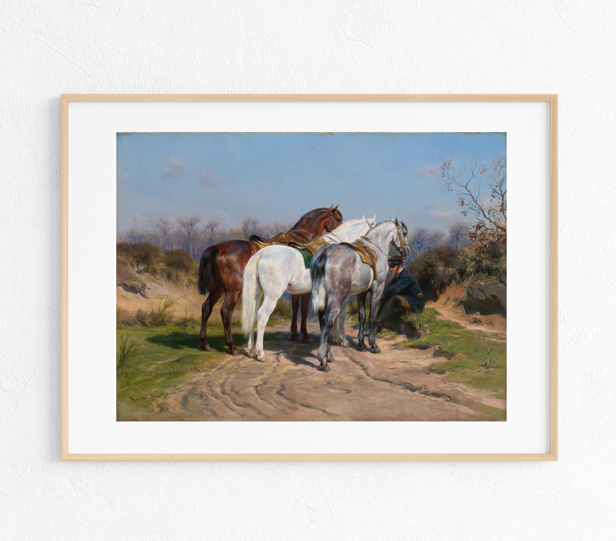 A vibrant Horse Relay Art Print on textured canvas showcasing a stunning landscape with rich colors and intricate details.