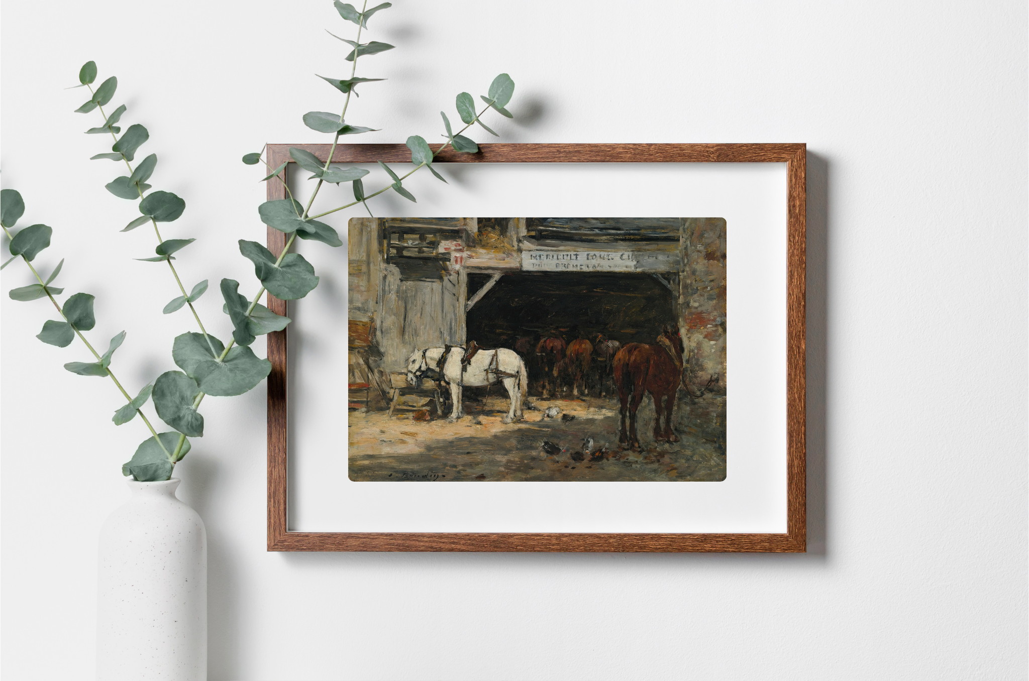 A vibrant Horse & Stables Art Print showcasing a breathtaking landscape with rich colors and intricate details on museum-grade canvas.