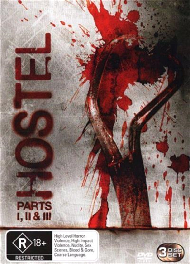 Hostel Triple Pack DVD featuring all three horror films in a sleek case, showcasing chilling artwork and spine-tingling imagery.