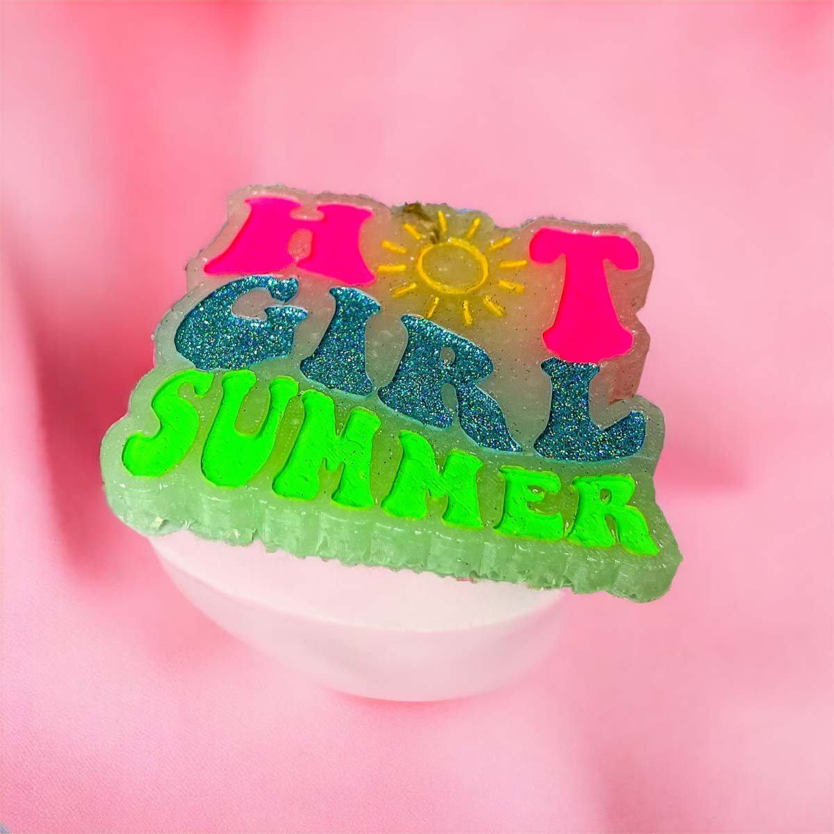 Hot Girl Summer Car Freshener featuring a retro design with a sun graphic and glitter finish, perfect for summer vibes.