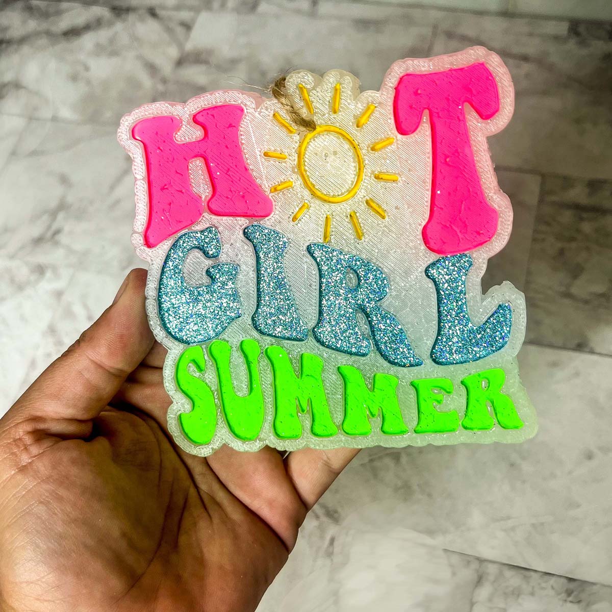 Hot Girl Summer Car Freshener featuring a retro design with a sun graphic and glitter finish, perfect for summer vibes.