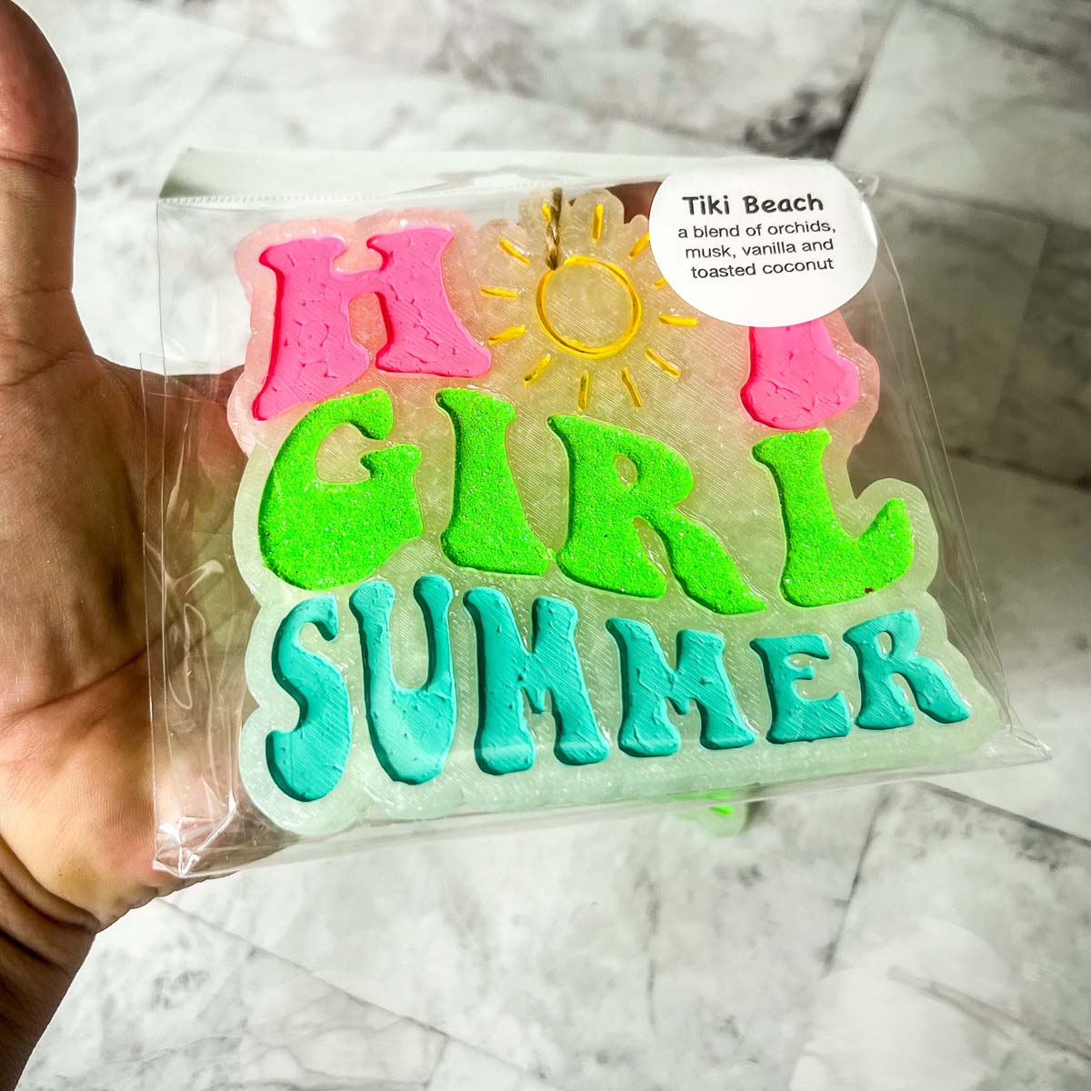 Hot Girl Summer Car Freshener featuring a retro design with a sun graphic and glitter finish, perfect for summer vibes.