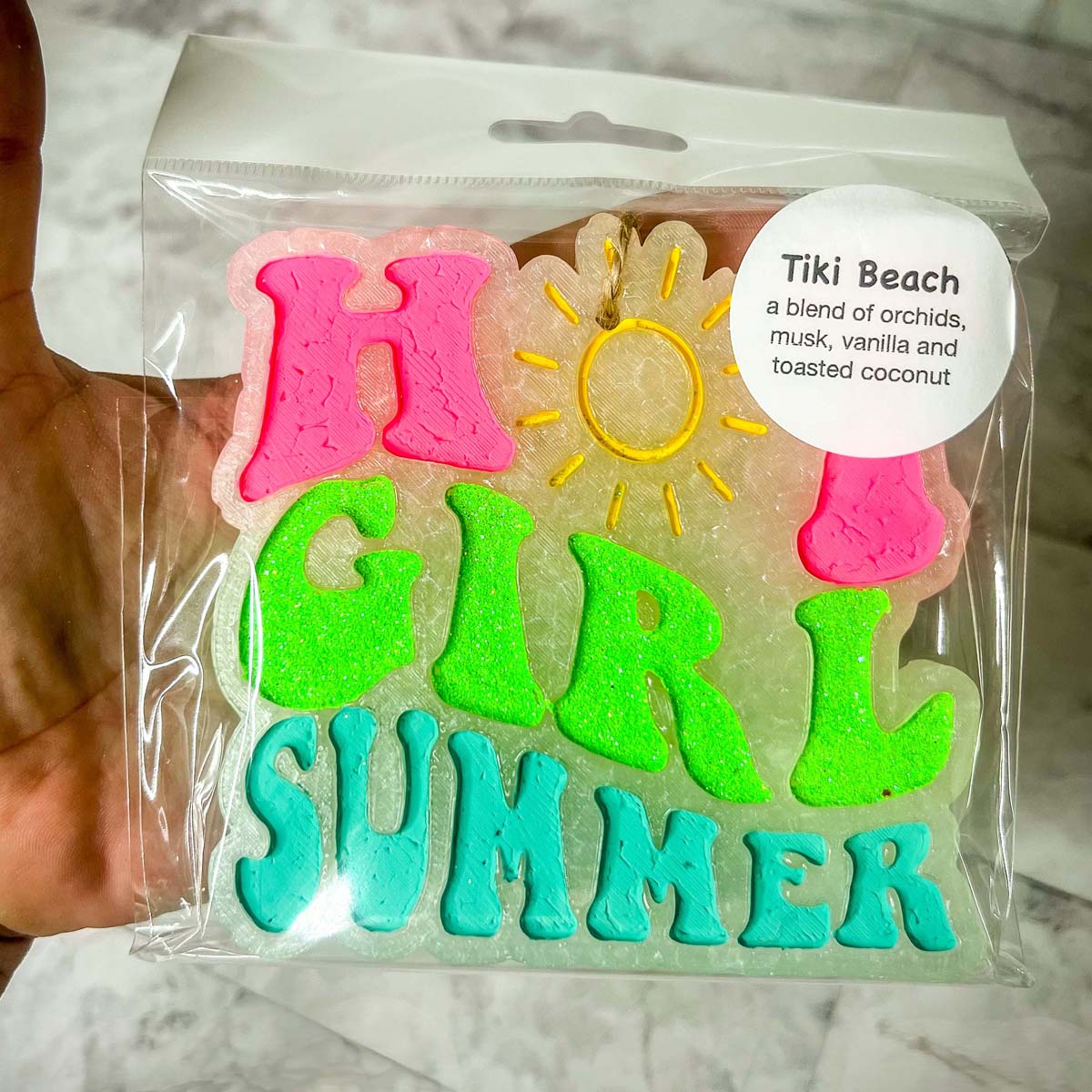 Hot Girl Summer Car Freshener featuring a retro design with a sun graphic and glitter finish, perfect for summer vibes.