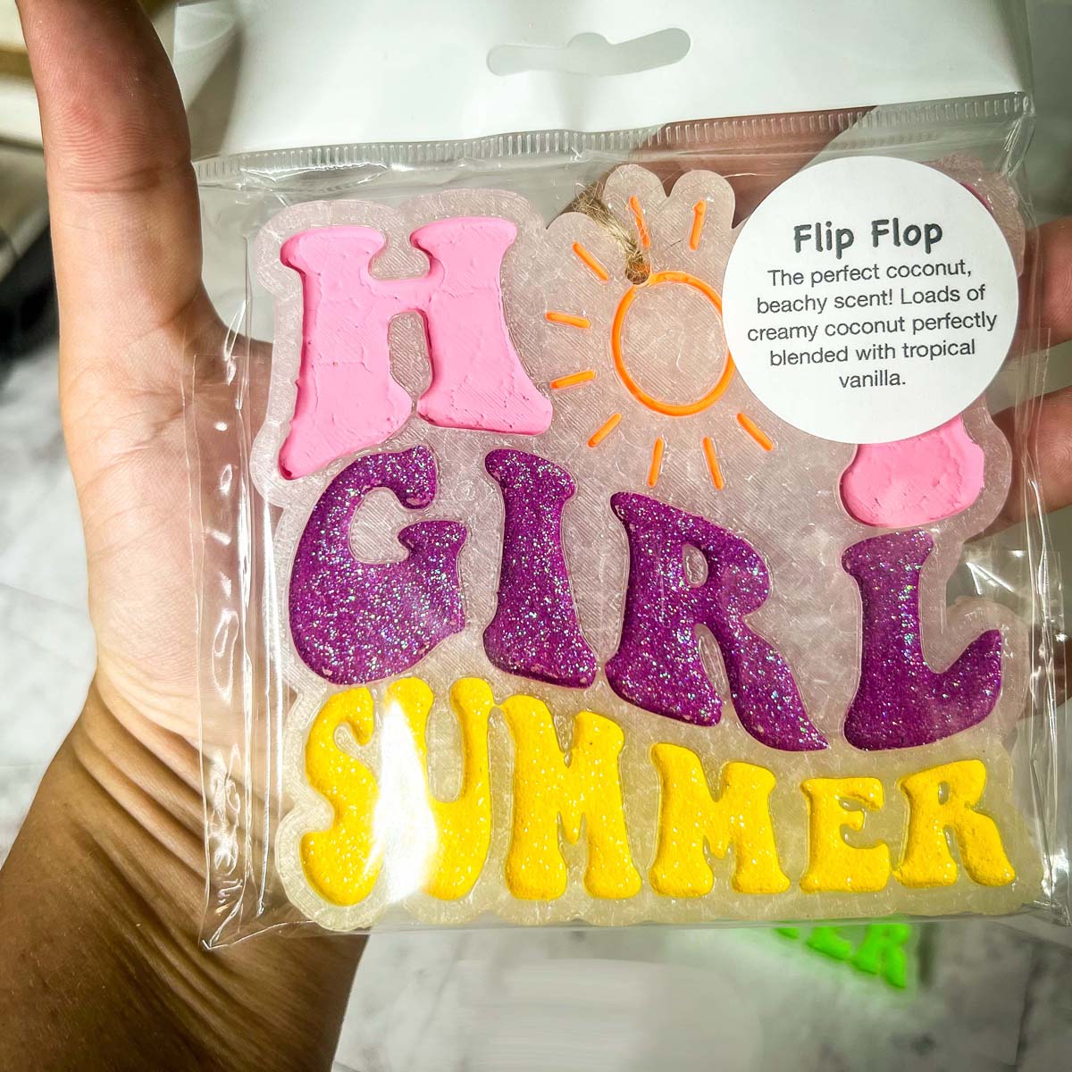 Hot Girl Summer Car Freshener featuring a retro design with a sun graphic and glitter finish, perfect for summer vibes.