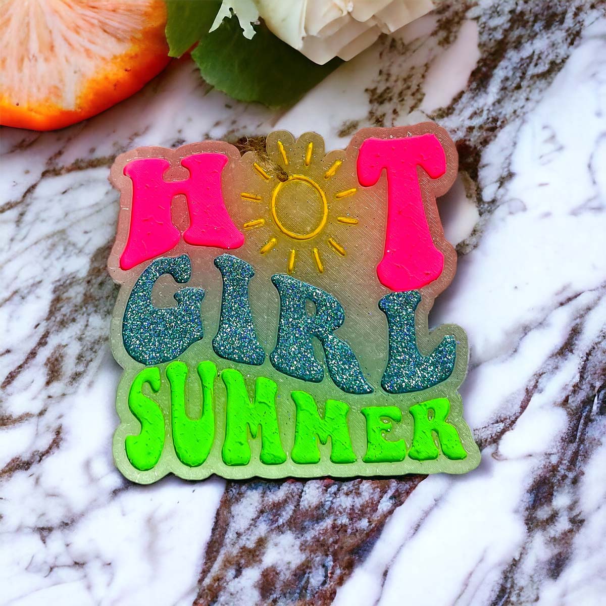 Hot Girl Summer Car Freshener featuring a retro design with a sun graphic and glitter finish, perfect for summer vibes.