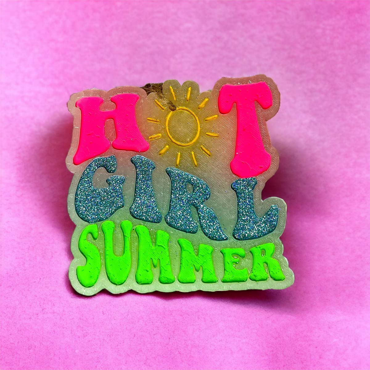 Hot Girl Summer Car Freshener featuring a retro design with a sun graphic and glitter finish, perfect for summer vibes.