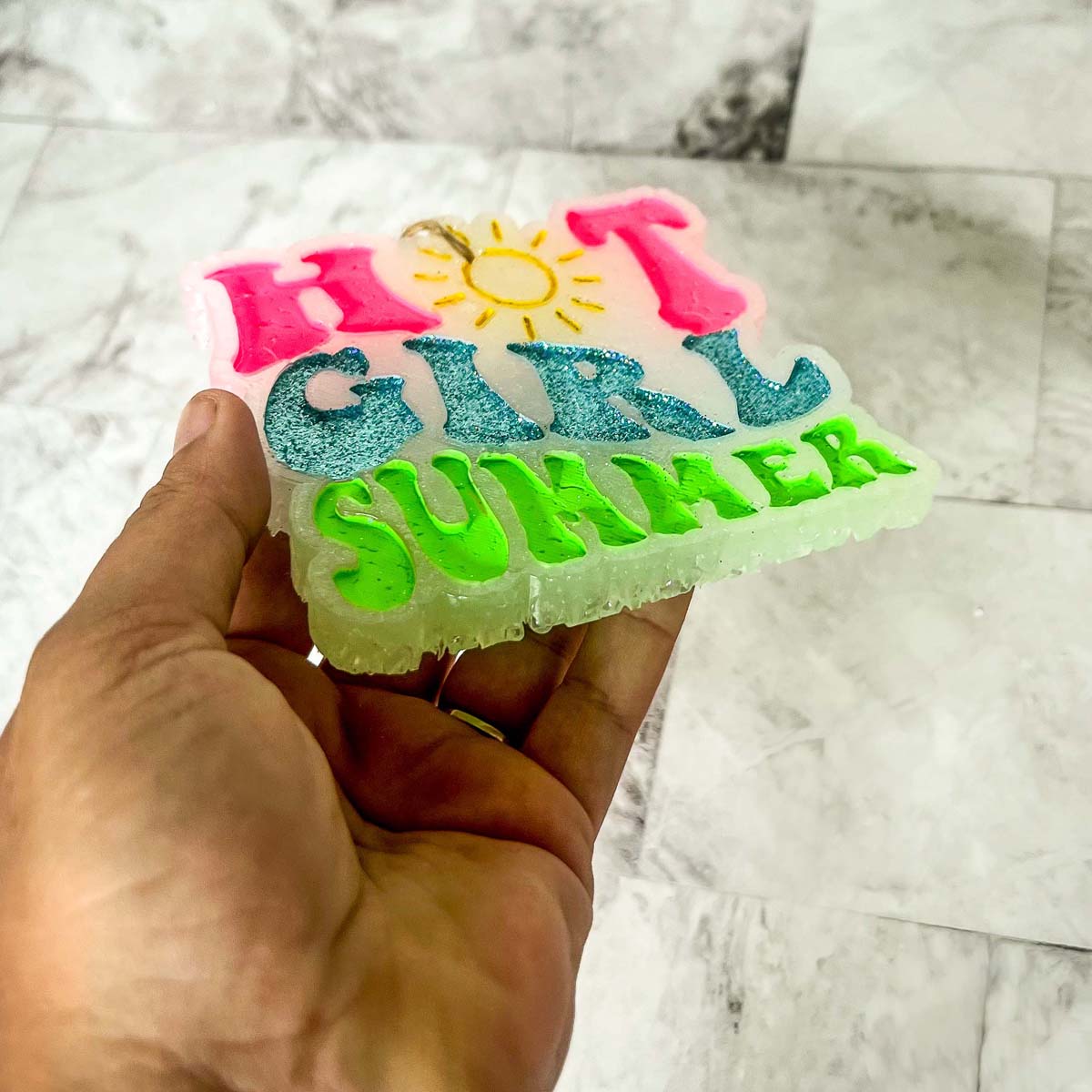 Hot Girl Summer Car Freshener featuring a retro design with a sun graphic and glitter finish, perfect for summer vibes.