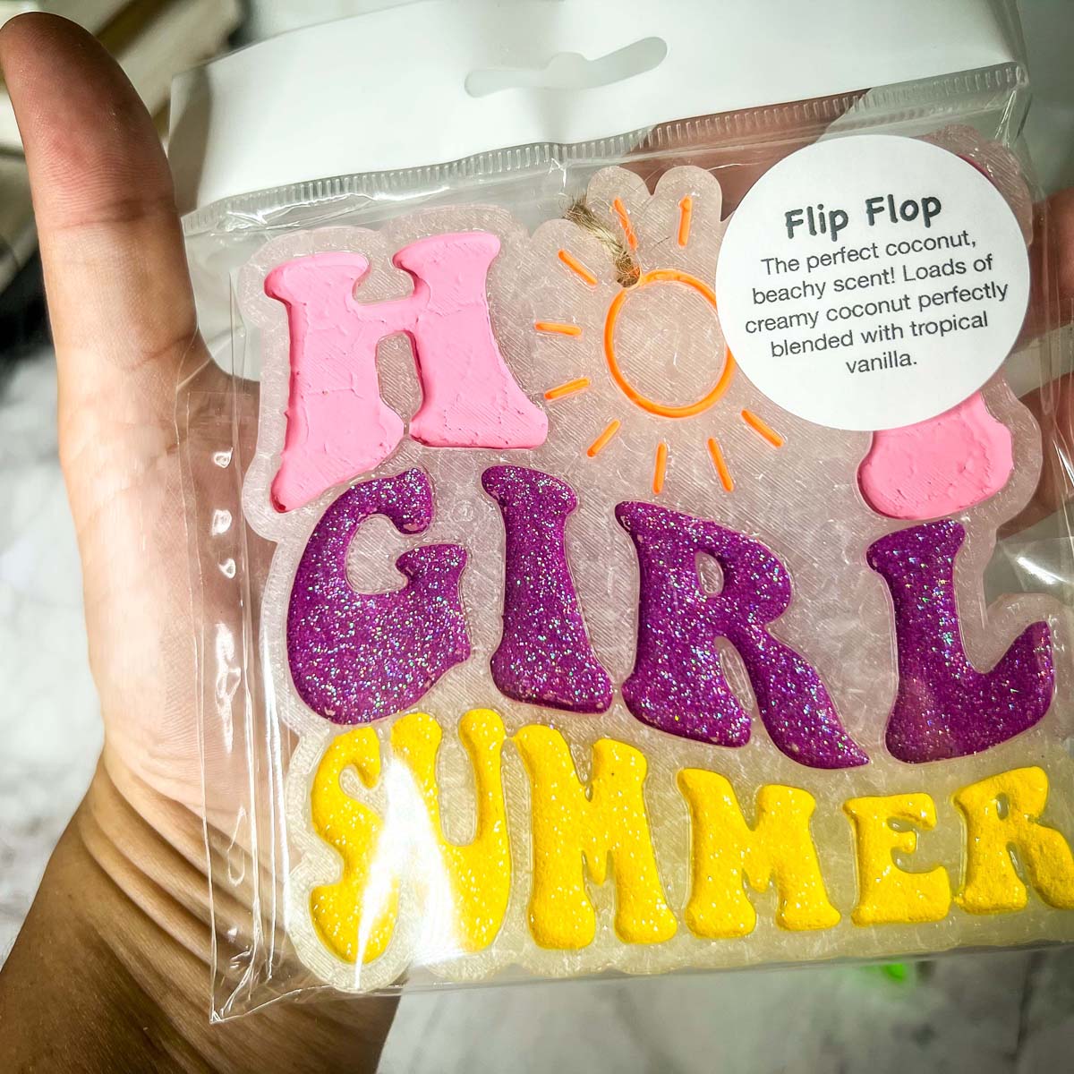 Hot Girl Summer Car Freshener featuring a retro design with a sun graphic and glitter finish, perfect for summer vibes.