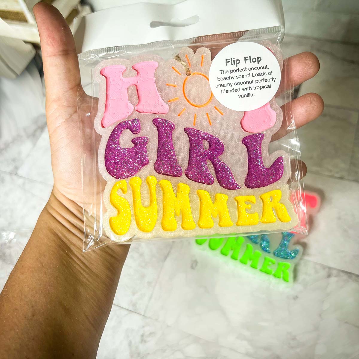 Hot Girl Summer Car Freshener featuring a retro design with a sun graphic and glitter finish, perfect for summer vibes.