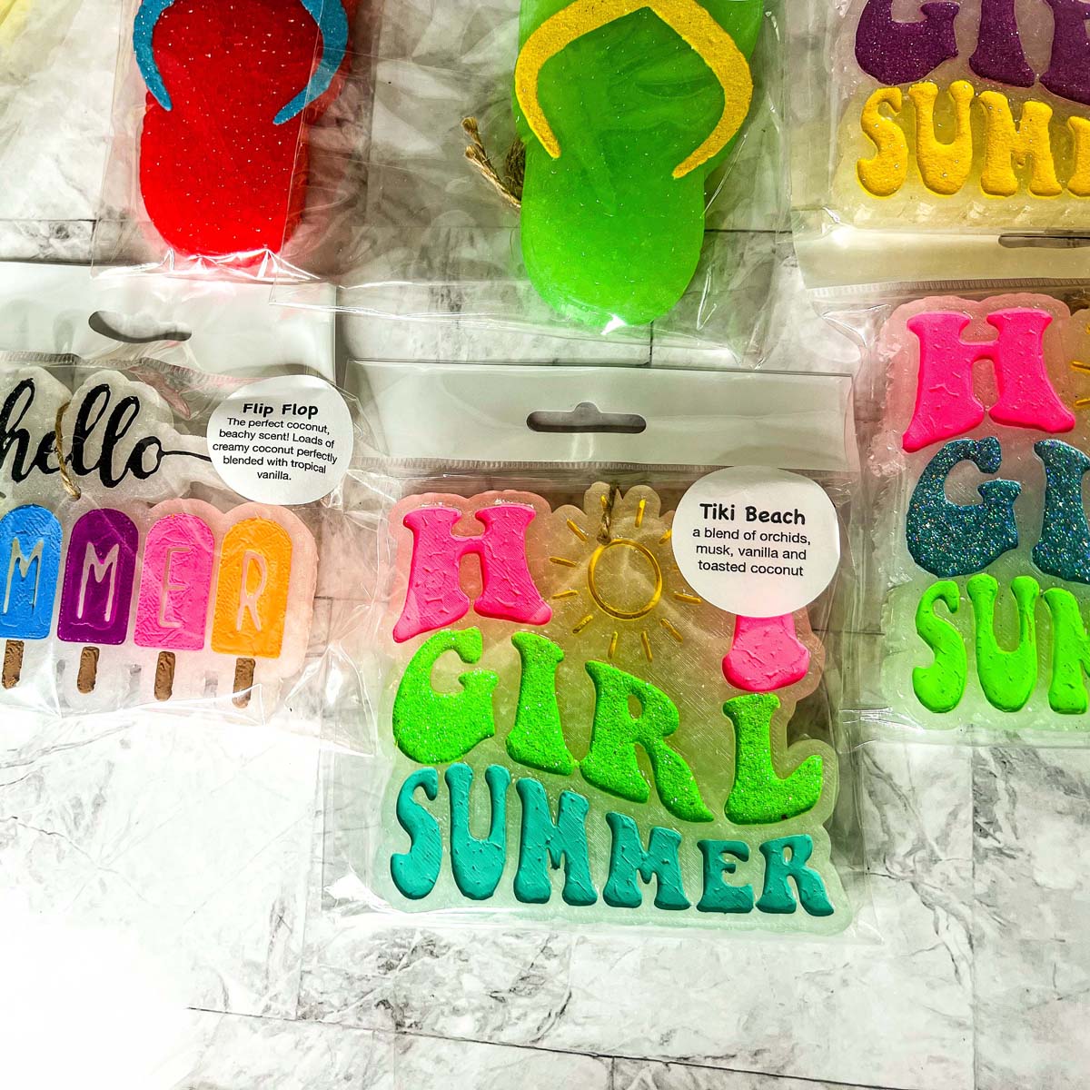 Hot Girl Summer Car Freshener featuring a retro design with a sun graphic and glitter finish, perfect for summer vibes.