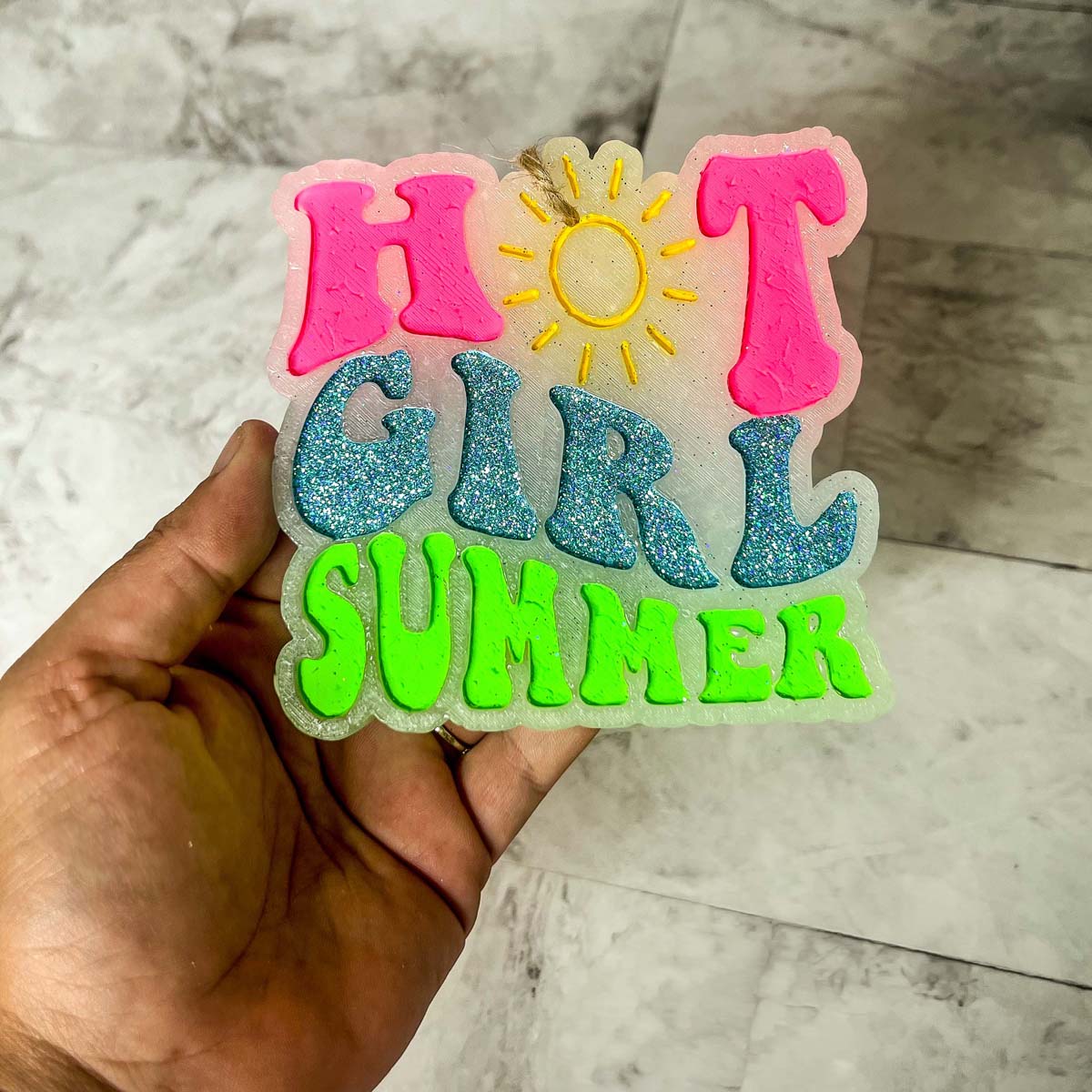 Hot Girl Summer Car Freshener featuring a retro design with a sun graphic and glitter finish, perfect for summer vibes.